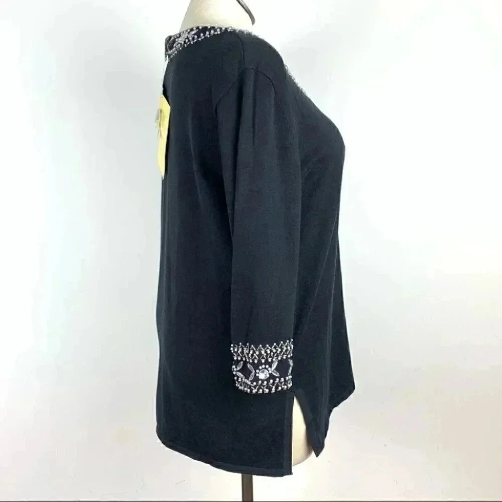 New Bob Mackie womens wearable art knit sweater size XL black beaded